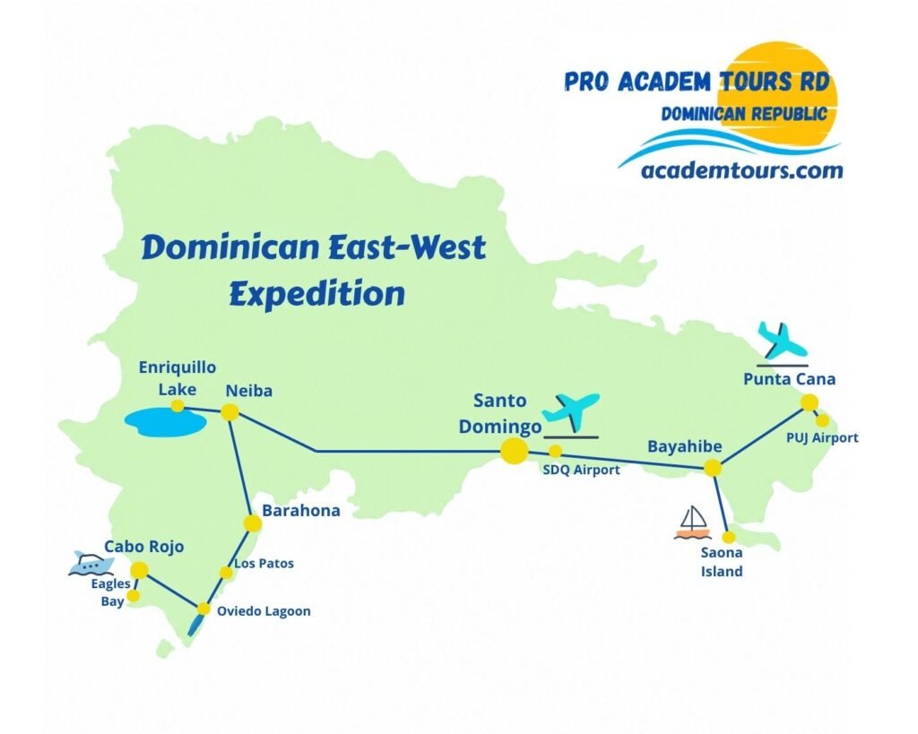 Dominican East–West Expedition: For Curious Travelers from Punta Cana to Pedernales connects Punta Cana, Bayahibe, Santo Domingo, Neiba, Lake Enriquillo, Barahona, and Pedernales on a journey across the Dominican Republic’s diverse landscapes and cultures. Discover the country beyond the resorts through coastal scenery, local communities, dramatic landscapes, and authentic experiences.