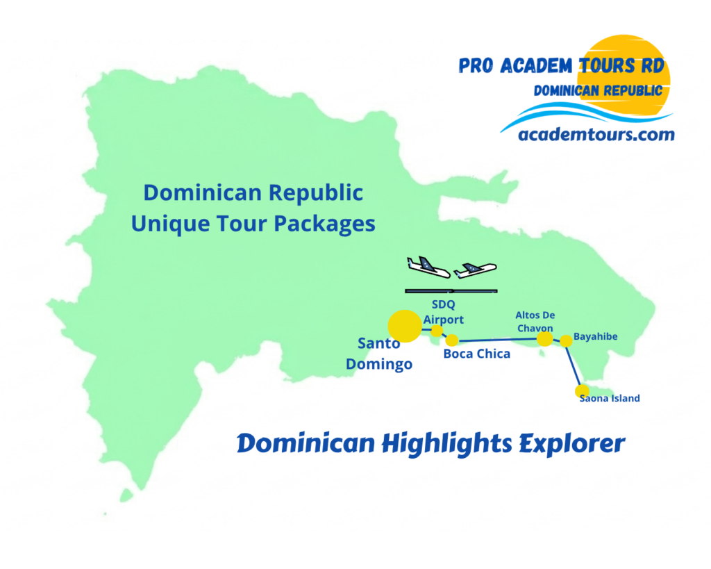 Follow the route of the Dominican Highlights Explorer across some of the Dominican Republic’s most fascinating destinations. From Santo Domingo to Saona Island and beyond, discover the journey at a glance.