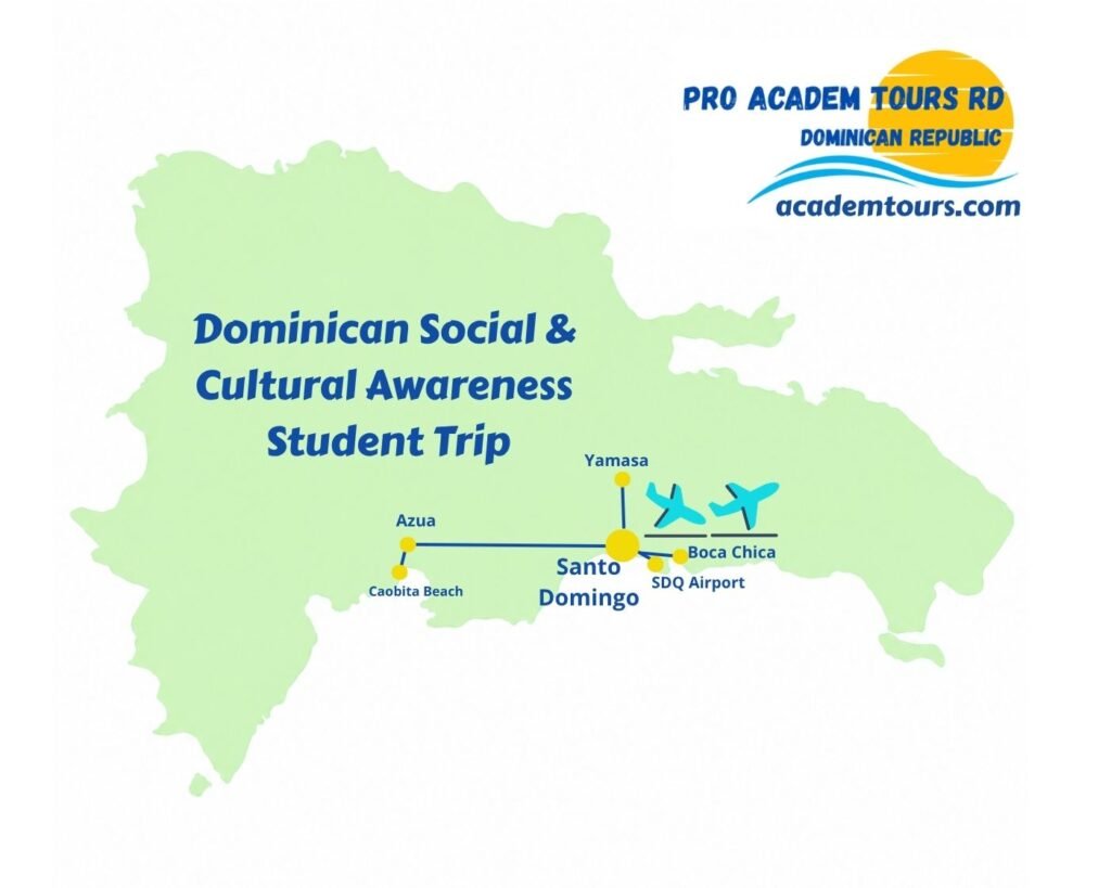 Route map for the Dominican Social & Cultural Awareness student tour, exploring local communities, history, culture and everyday life across the Dominican Republic.