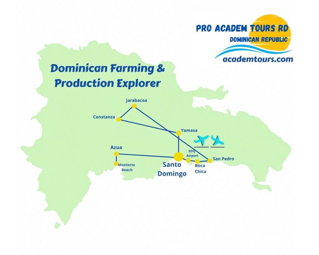 Route map for the Dominican Farming & Production Explorer educational tour, connecting Santo Domingo, Constanza, Jarabacoa, San Pedro, Monte Plata and Azua.